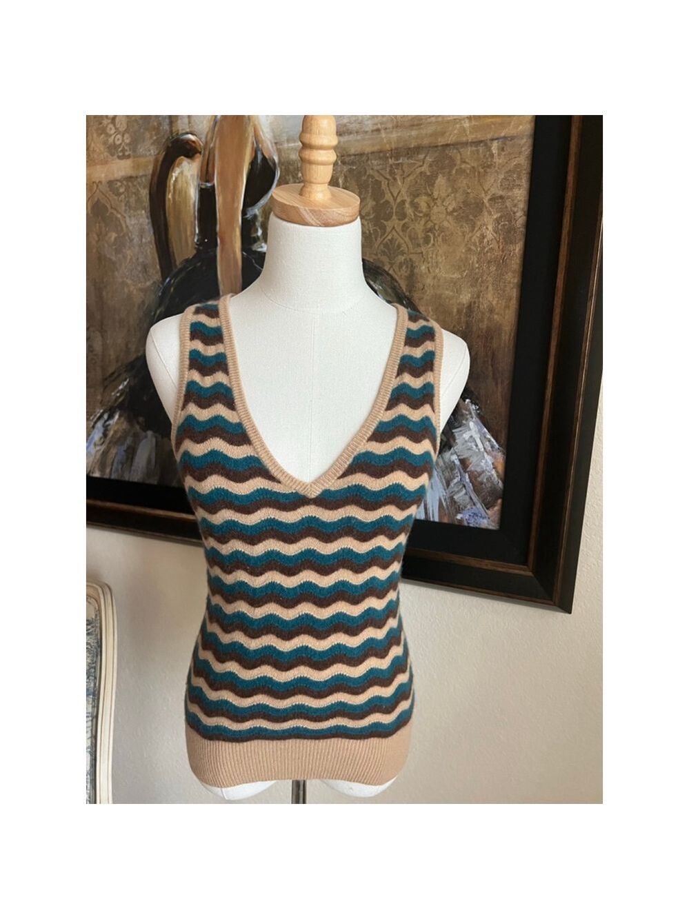NWOT Trina Turk V-Neck Sweater Vest Brown Teal Striped Cashmere